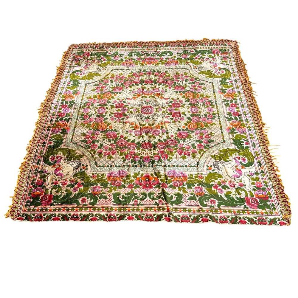 Tapestry Throw Blanket Unisex Multi Vintage Cherub Floral Italy 75x95